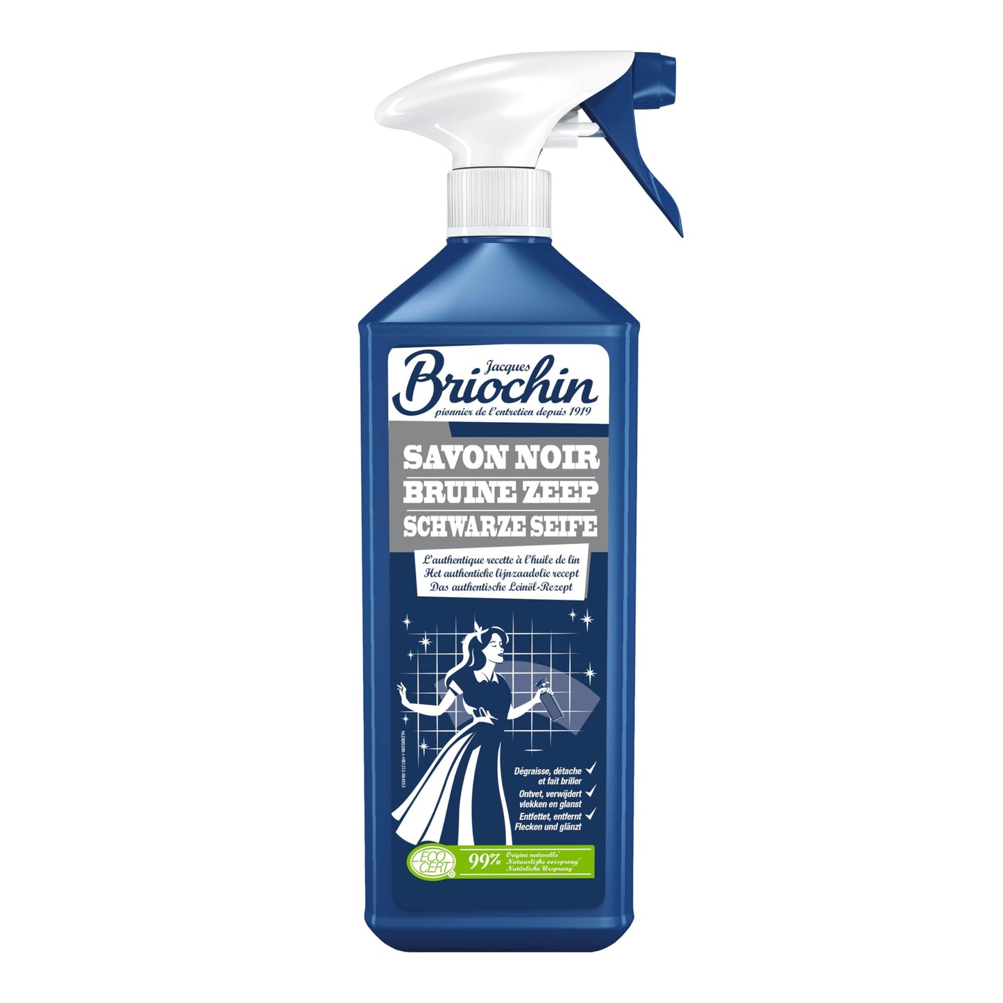 JACQUES BRIOCHIN - Savon noir prêt à l'emploi - A l'huile de lin - Nettoie, détache et fait briller - Ecocert - Fabrication Française - Flacon recyclable - Pulvérisateur 750ml
