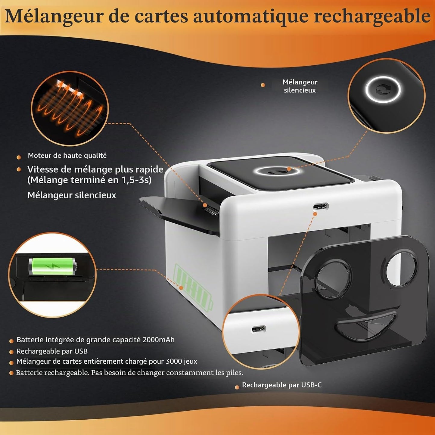 M5 - Mélangeur de cartes automatique rechargeable à 2 plateaux, batterie intégrée 2000 mAh, charge USB-C, mélangeur automatique intelligent portable pour UNO Poker Blackjack Skip-Bo Texas