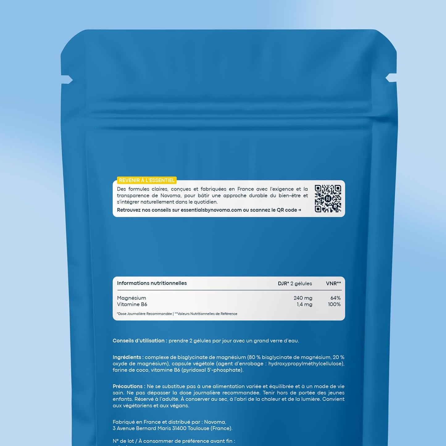 Magnesium Bisglycinate 240mg + Vitamine B6, 60 Gélules Végétales - 1 Mois