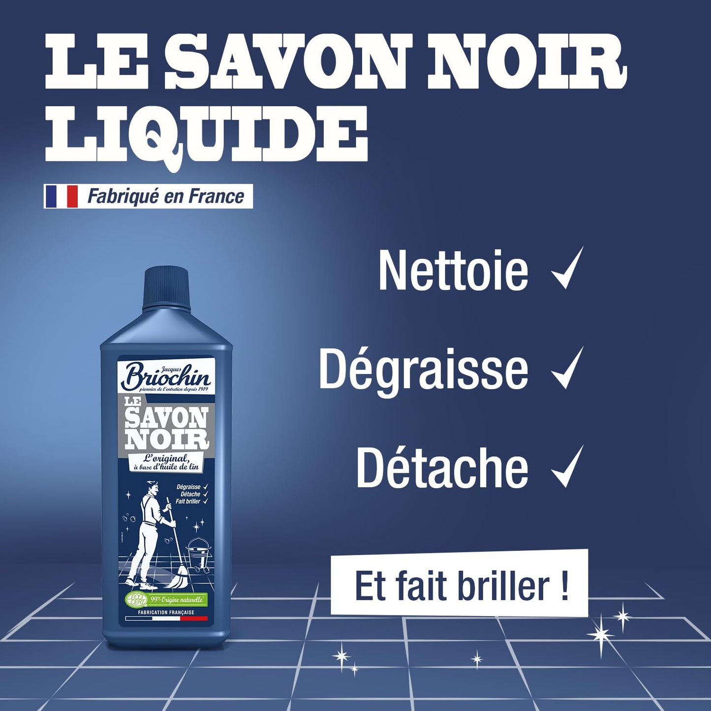 JACQUES BRIOCHIN - Savon noir prêt à l'emploi - A l'huile de lin - Nettoie, détache et fait briller - Ecocert - Fabrication Française - Flacon recyclable - Pulvérisateur 750ml