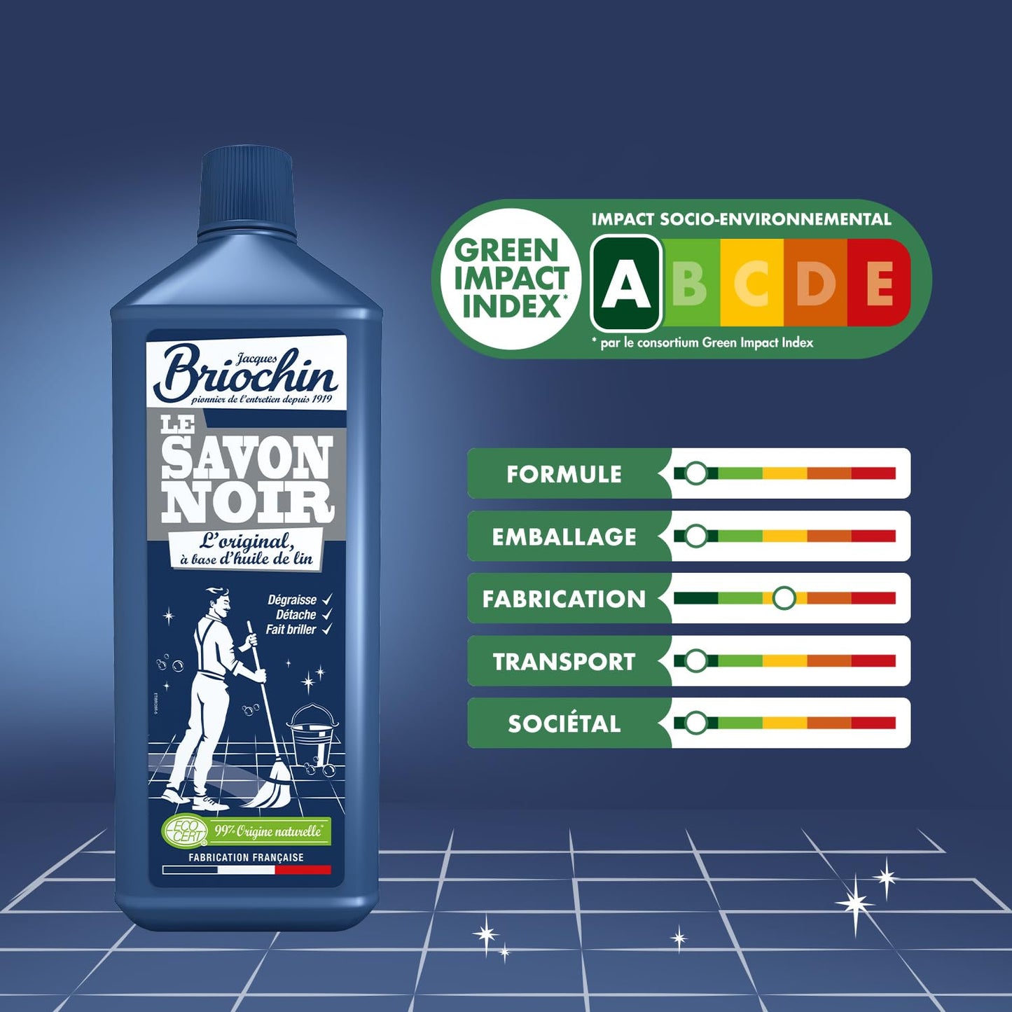 JACQUES BRIOCHIN - Savon noir prêt à l'emploi - A l'huile de lin - Nettoie, détache et fait briller - Ecocert - Fabrication Française - Flacon recyclable - Pulvérisateur 750ml