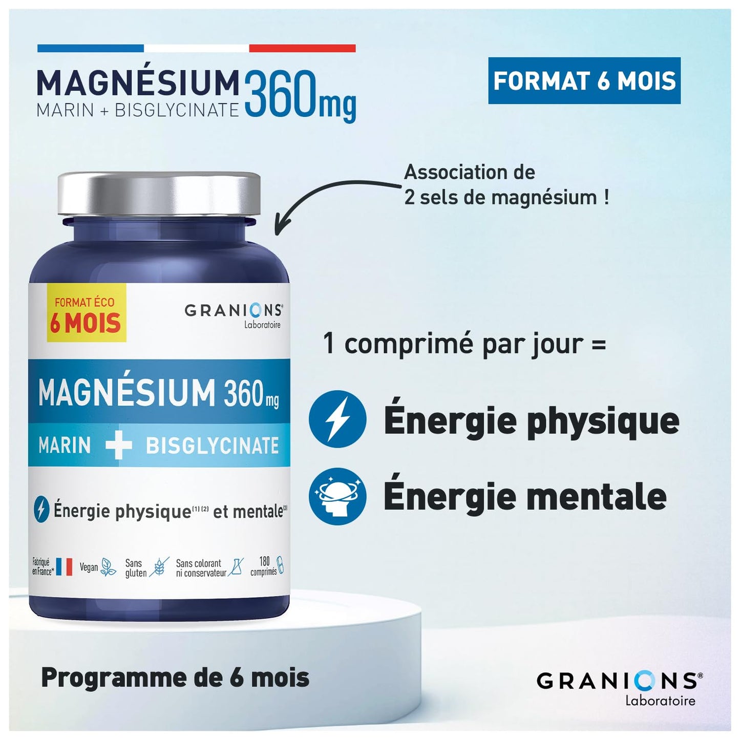 GRANIONS Magnesium Bisglycinate 360 MG - Magnesium Bisglycinate Haute Assimilation + Vitamine B6 - Anti Stress Adulte, Anti Fatigue Puissant - Sans Sucre & Vegan - 10 Shots - Goût Framboise