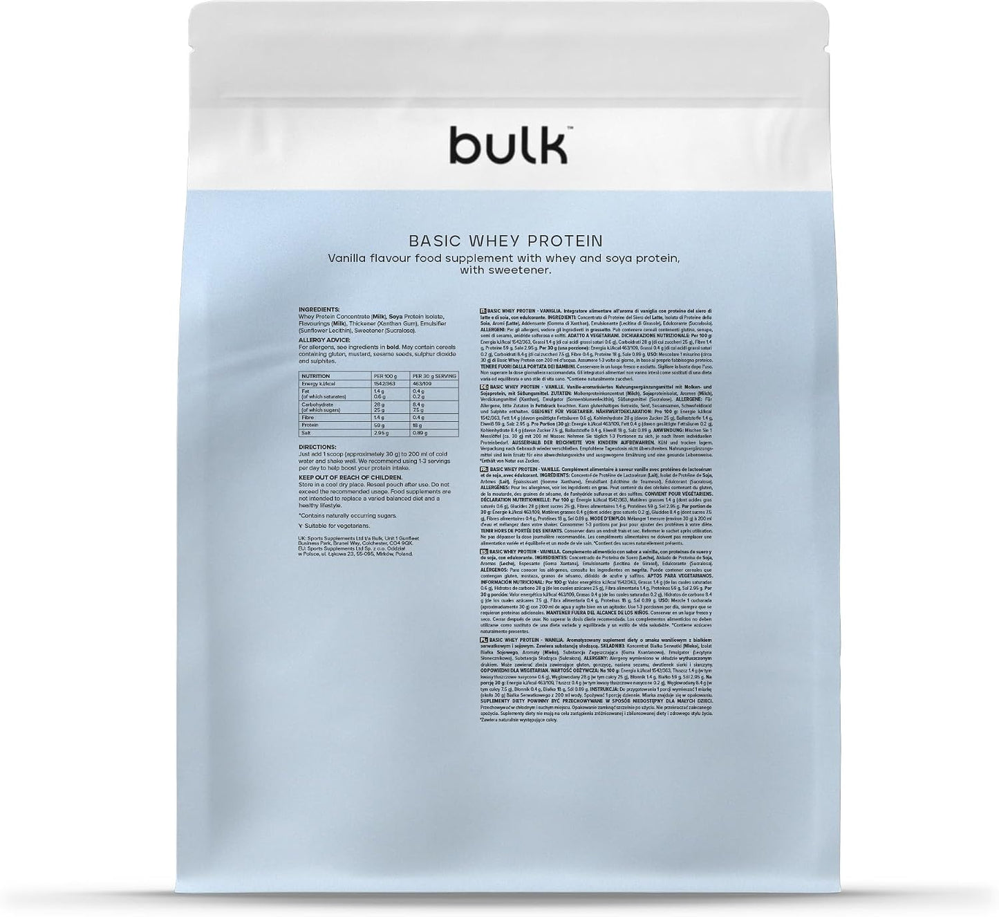 Bulk Basic Protéine en Poudre | Vanille | 1,25kg | 41 Portions | Jusqu’à 18g de Protéines Portion | Faible en Sucres | Formule à Absorption Rapide | Prise de Masse Musculaire et la Récupération