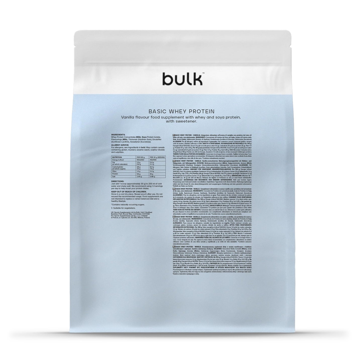 Bulk Basic Protéine en Poudre | Vanille | 1,25kg | 41 Portions | Jusqu’à 18g de Protéines Portion | Faible en Sucres | Formule à Absorption Rapide | Prise de Masse Musculaire et la Récupération