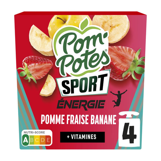 Pom'Potes Sport - Compota Manzana Fresa Plátano 4x90g para energía y recuperación después del ejercicio - Pack de 4