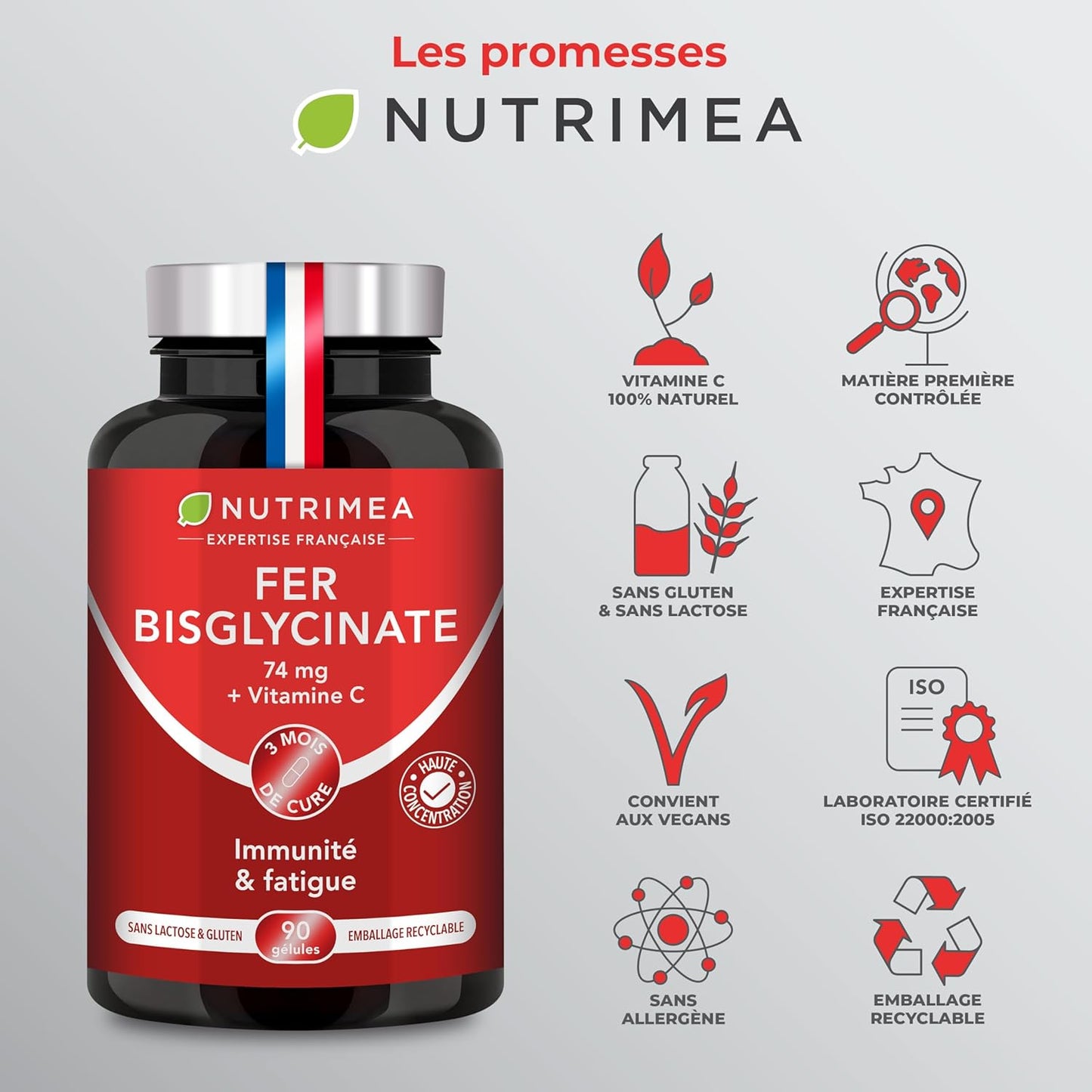 Fer Bisglycinate | Avec Vitamine C | 14 mg de Fer | Breveté Ferrochel®