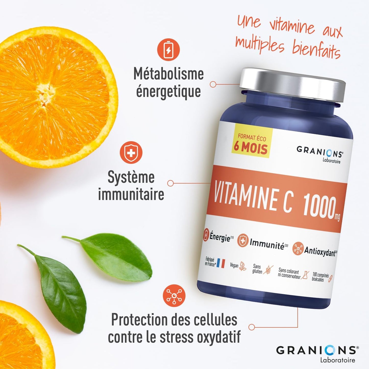 Vitamine C 1000 mg GRANIONS - Energie Immunité - 180 Comprimés Vegan Adulte
