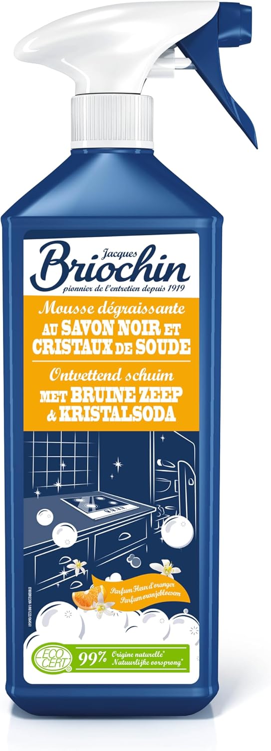 JACQUES BRIOCHIN - Mousse Dégraissante Cuisine -Savon Noir et Cristaux de Soude - Dégraisse - 99% d'Ingrédients d'Origine Naturelle - - Fabriqué En France - 750mL