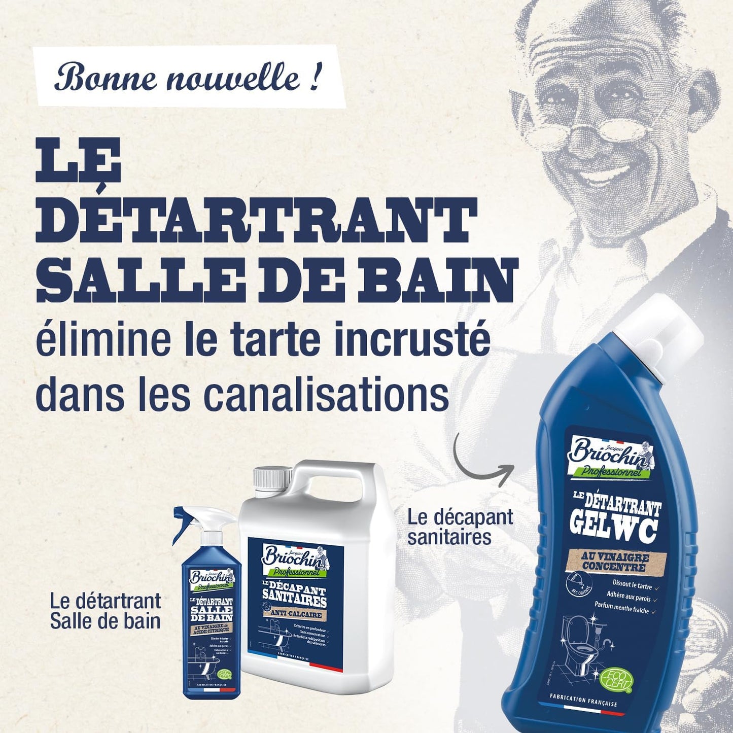 JACQUES BRIOCHIN - Détartrant gel WC - Nettoie en Profondeur et Détartre - 100% d'Ingrédients d'Origine Naturelle - Parfum Menthe - - Fabriqué En France - 750mL