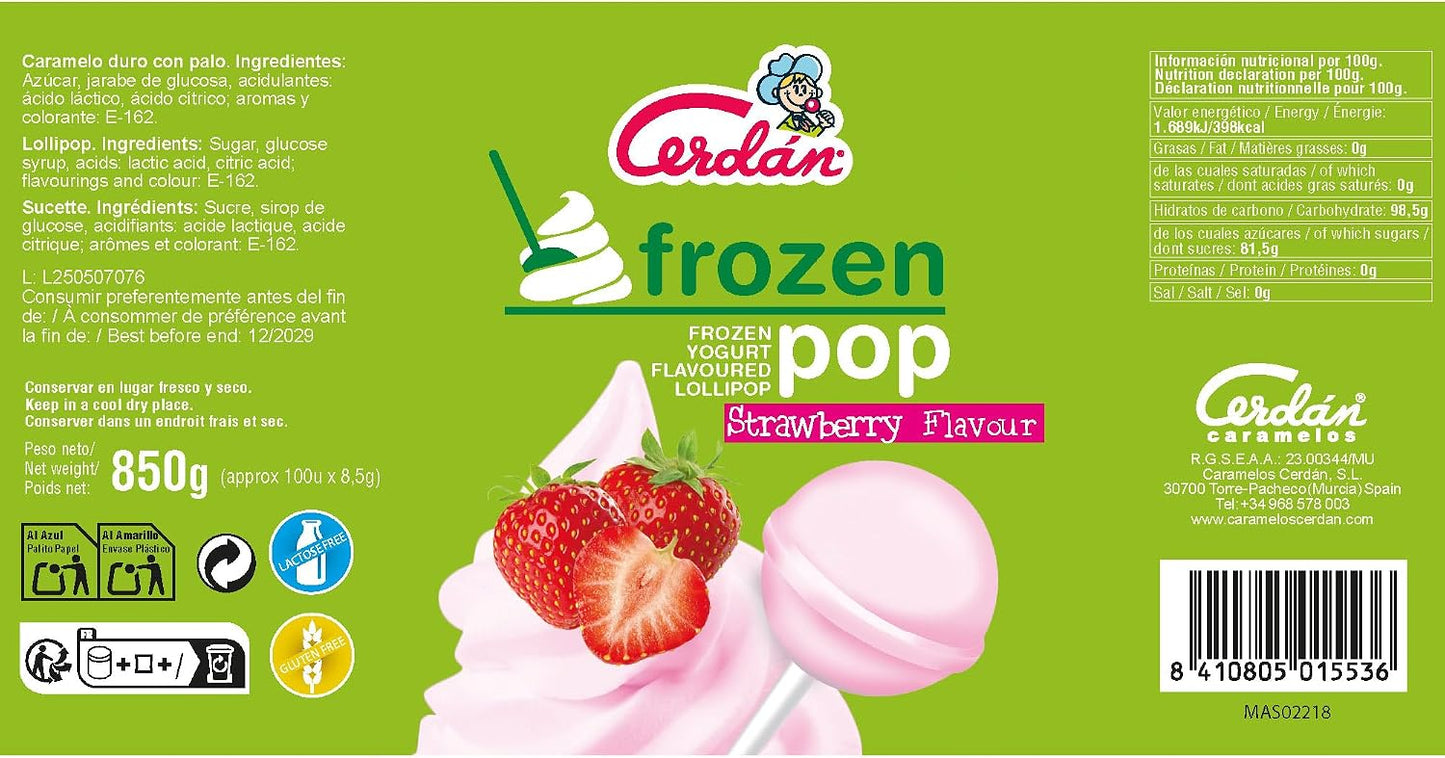 Caramelos Cerdán - Sucette au goût yaourt à la fraise Frozen Pop | Bonbon dur sans gluten ni allergènes | Sachet de 100 unités | Idéal pour fêtes, événements et anniversaires