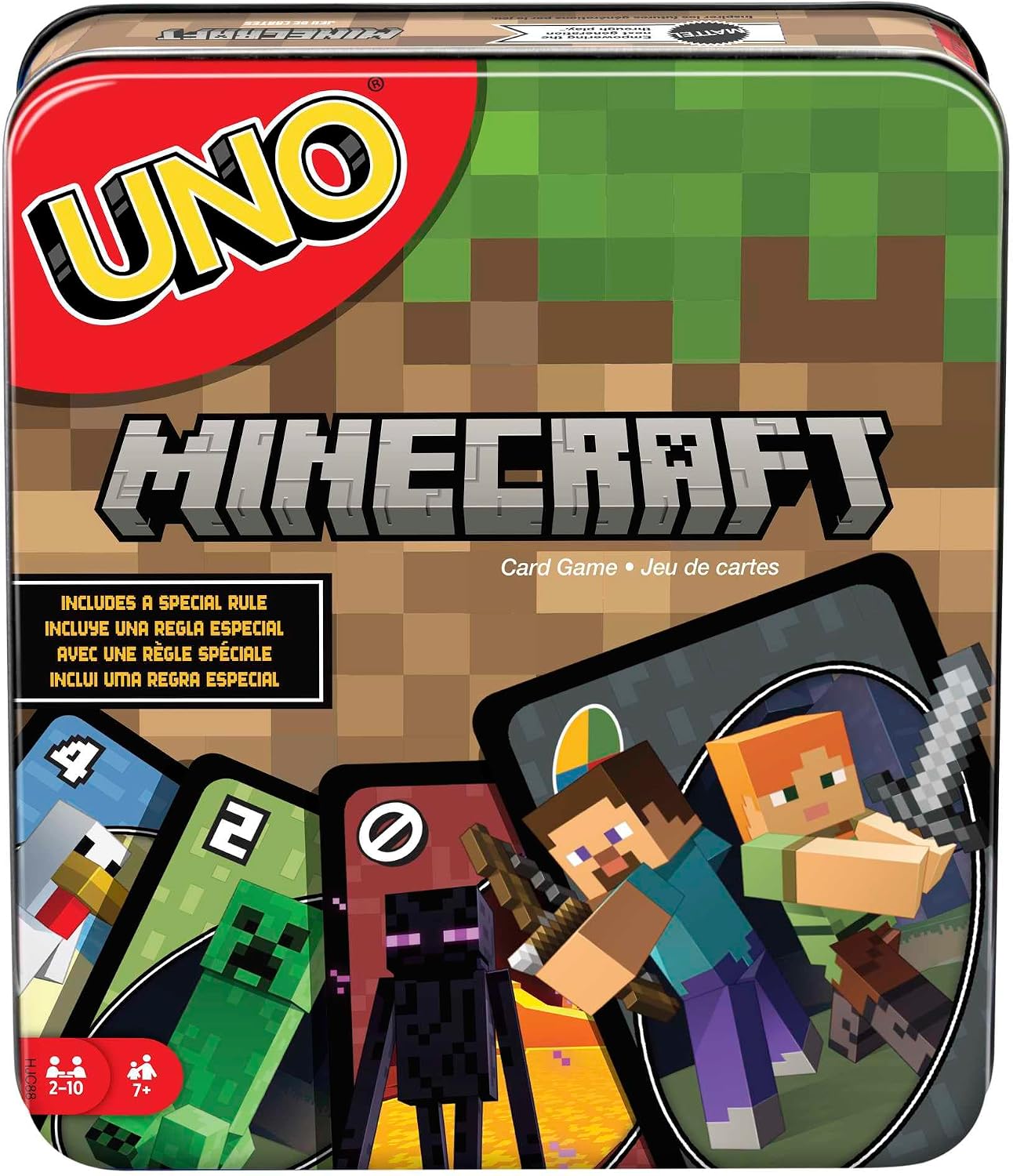 Mattel Games UNO Minecraft Jeu de Cartes, Cadeaux pour Enfants et soirée en Famille, sur Le thème du Jeu vidéo Minecraft, Jeux de Voyage, boîte de Rangement, HJC88