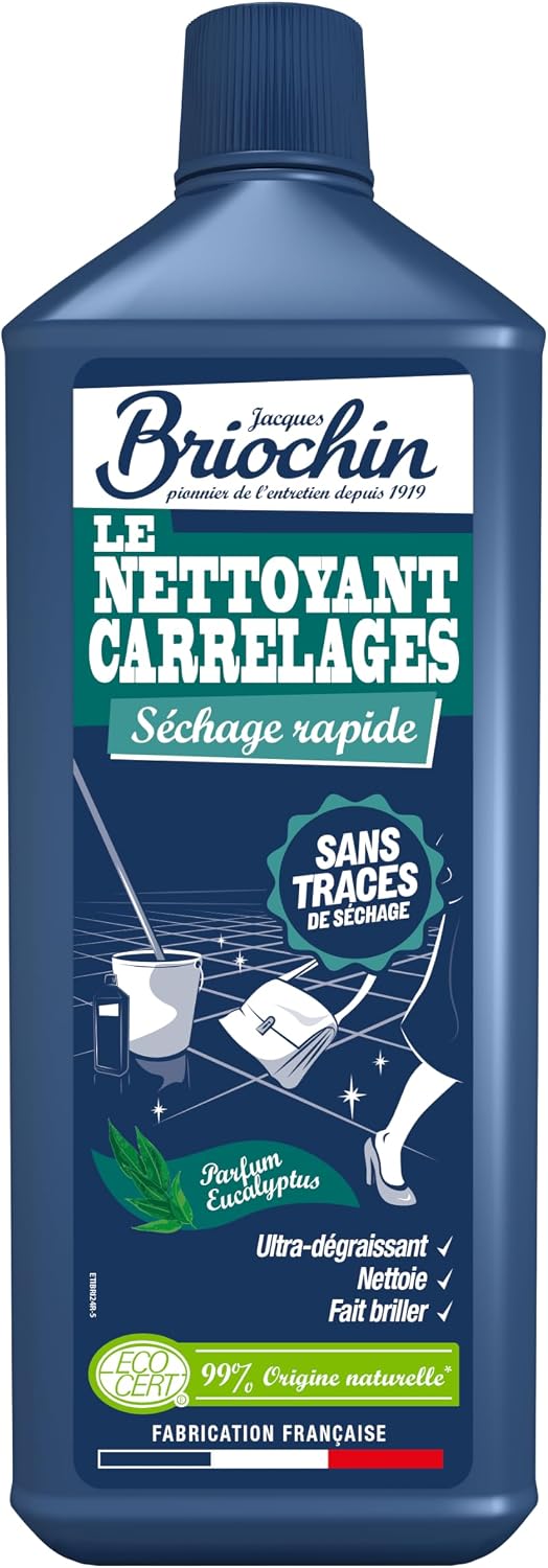 JACQUES BRIOCHIN - Super Nettoyant Carrelage - Séchage Rapide - Sans Traces - Ultra Dégraissant - Parfum Eucalyptus - 96.6% d'Ingrédients d'Origine Naturelle - Ecocert - Fabrication Française - 1L