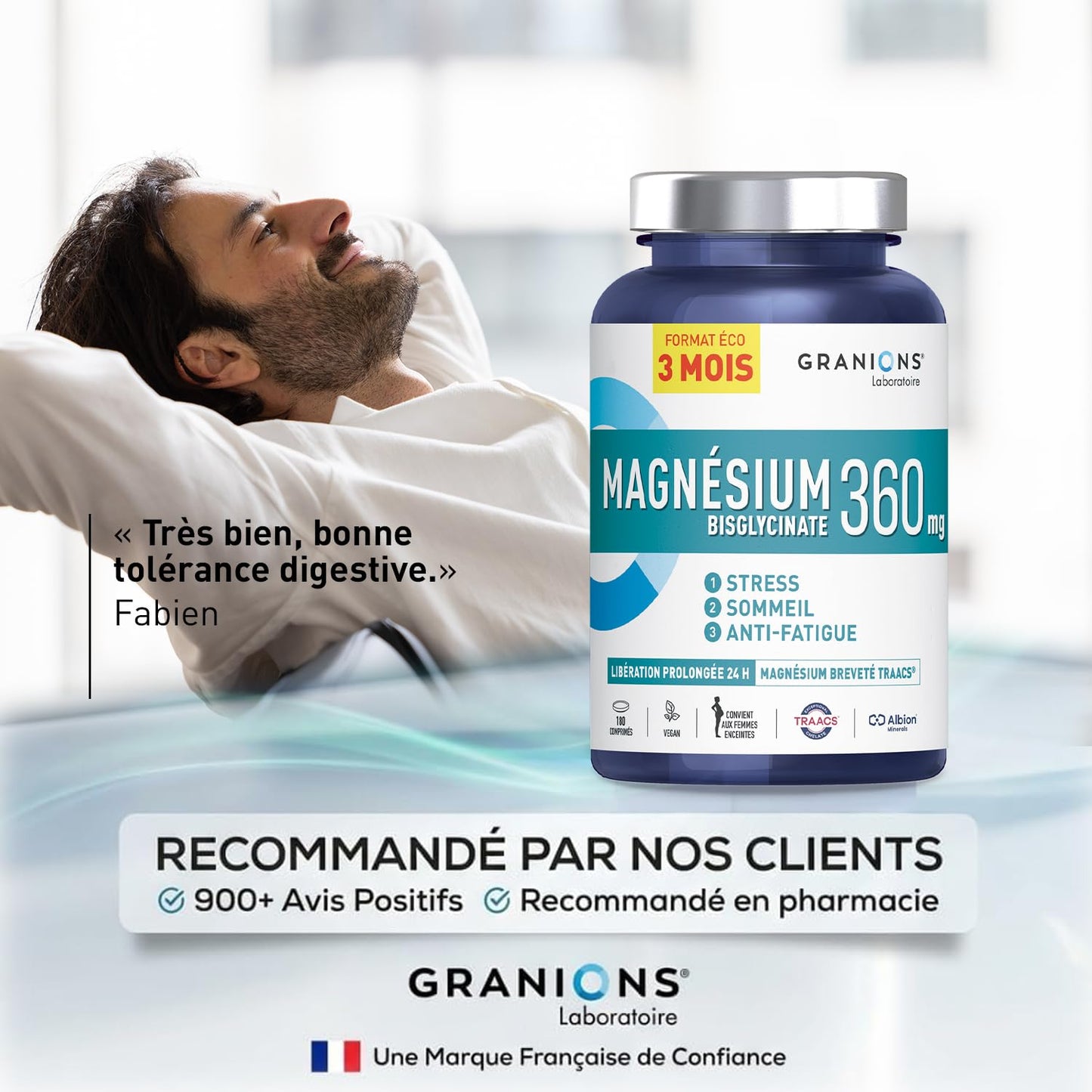 GRANIONS Magnesium Bisglycinate 360 MG - Magnesium Bisglycinate Haute Assimilation + Vitamine B6 - Anti Stress Adulte, Anti Fatigue Puissant - Sans Sucre & Vegan - 10 Shots - Goût Framboise
