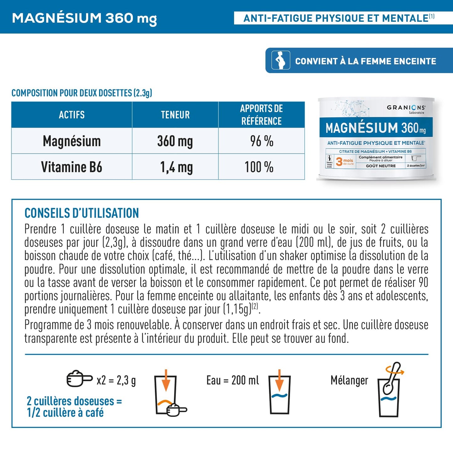 GRANIONS Magnesium Bisglycinate 360 MG - Magnesium Bisglycinate Haute Assimilation + Vitamine B6 - Anti Stress Adulte, Anti Fatigue Puissant - Sans Sucre & Vegan - 10 Shots - Goût Framboise