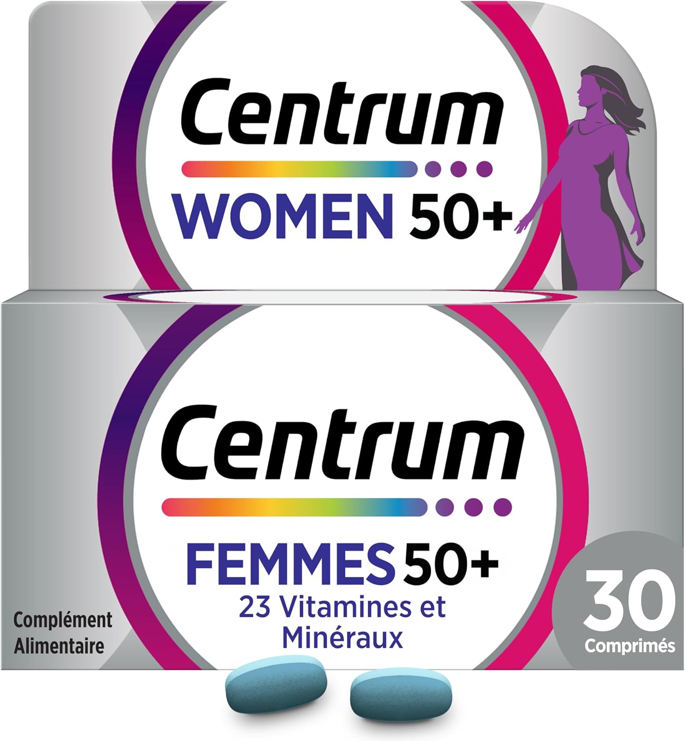 CENTRUM Women 50+ - Multivitamines et Minéraux pour Femme de +50 ans - 23 nutriments Vit D, C, B6, B12, Fer & Zinc - Complément Alimentaire Fatigue, Immunité & Soutien Cognitif - 30 Comprimés - 1 Mois