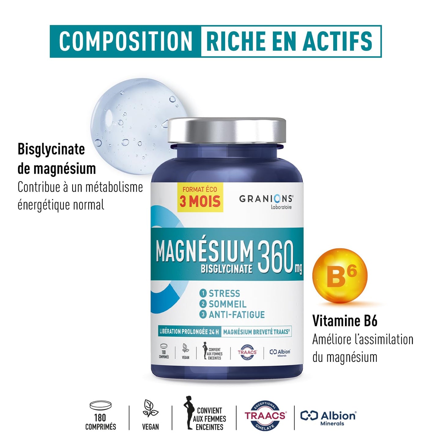 GRANIONS Magnesium Bisglycinate 360 MG - Magnesium Bisglycinate Haute Assimilation + Vitamine B6 - Anti Stress Adulte, Anti Fatigue Puissant - Sans Sucre & Vegan - 10 Shots - Goût Framboise