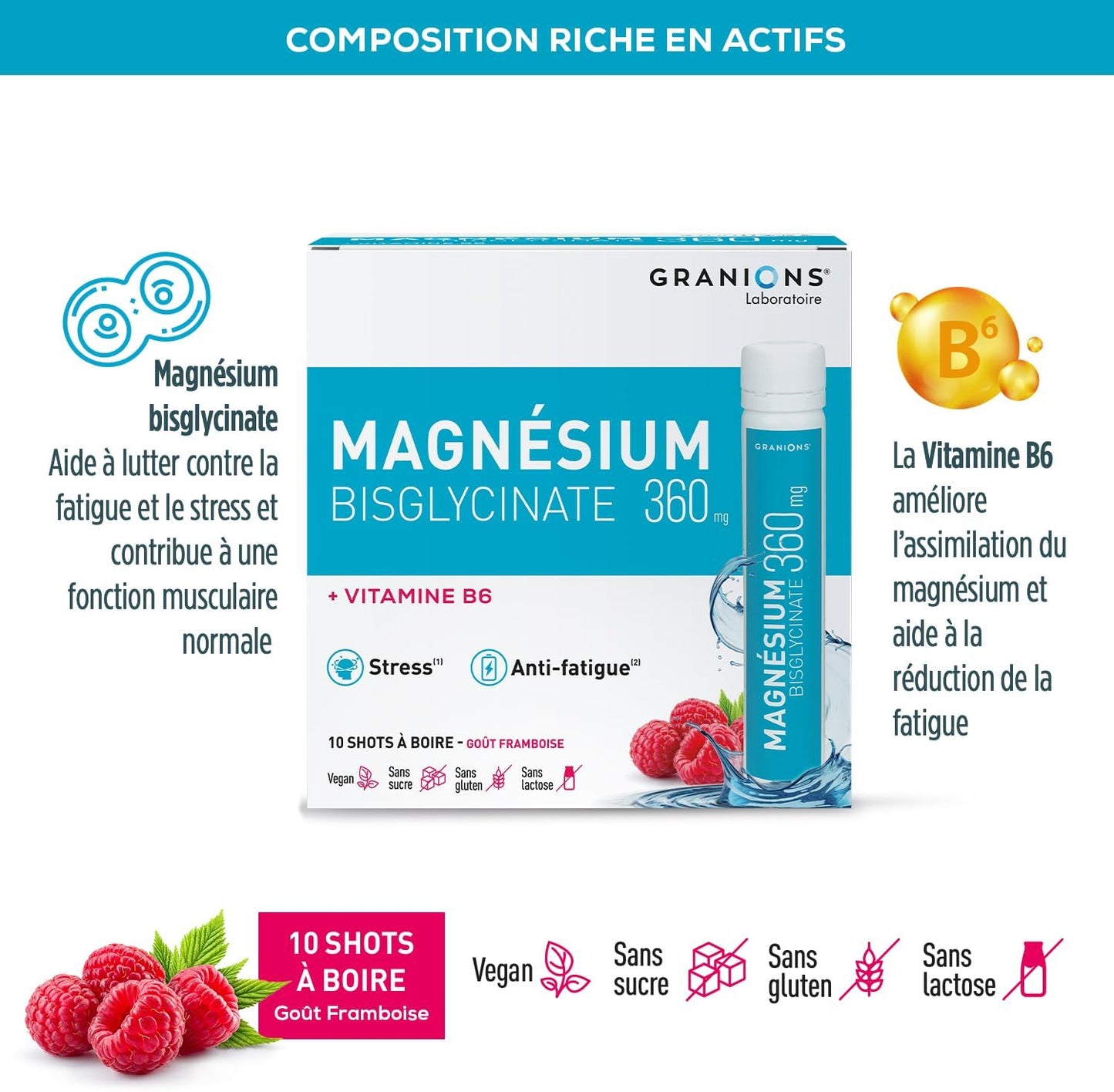 GRANIONS Magnesium Bisglycinate 360 MG - Magnesium Bisglycinate Haute Assimilation + Vitamine B6 - Anti Stress Adulte, Anti Fatigue Puissant - Sans Sucre & Vegan - 10 Shots - Goût Framboise