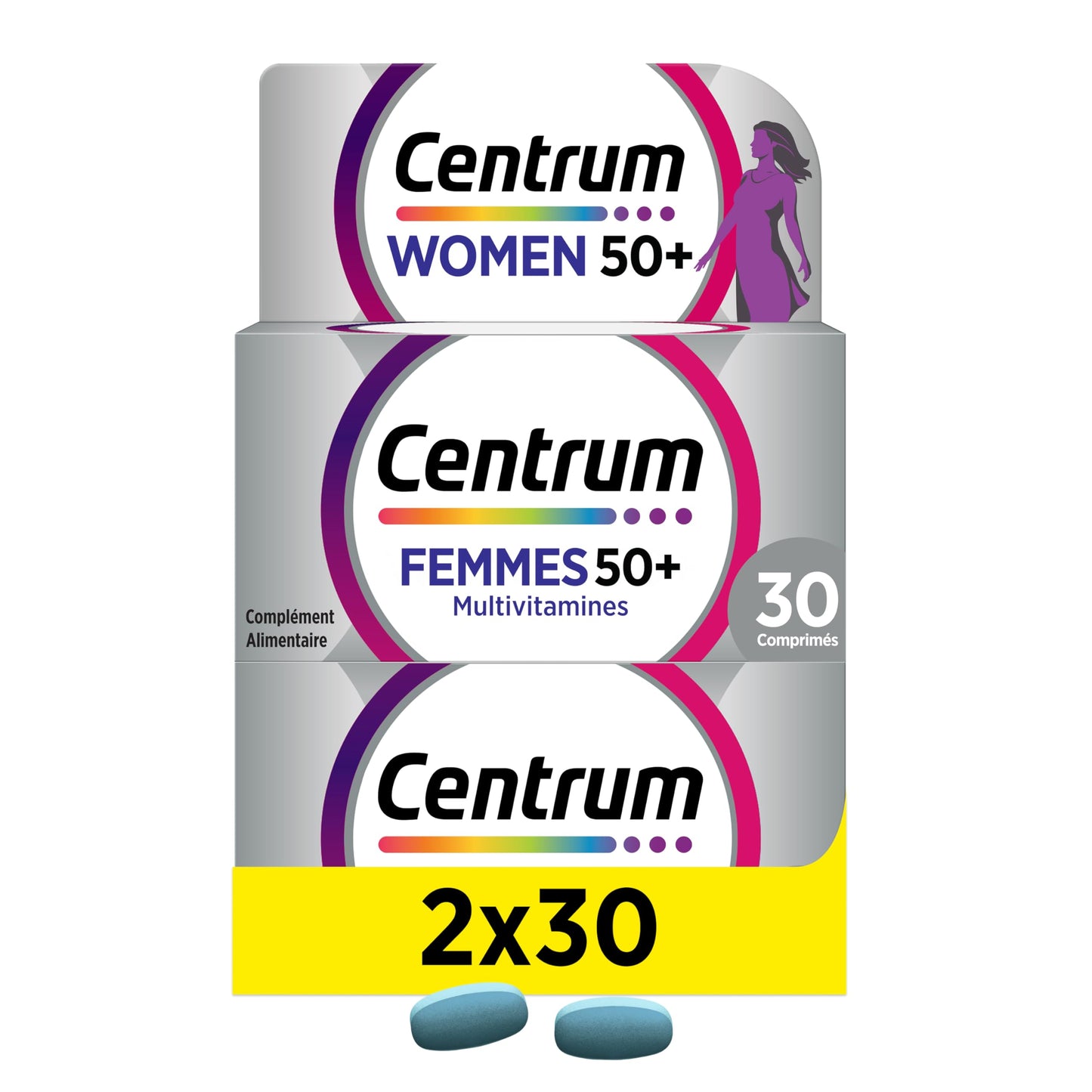 CENTRUM Women 50+ - Multivitamines et Minéraux pour Femme de +50 ans - 23 nutriments Vit D, C, B6, B12, Fer & Zinc - Complément Alimentaire Fatigue, Immunité & Soutien Cognitif - 30 Comprimés - 1 Mois