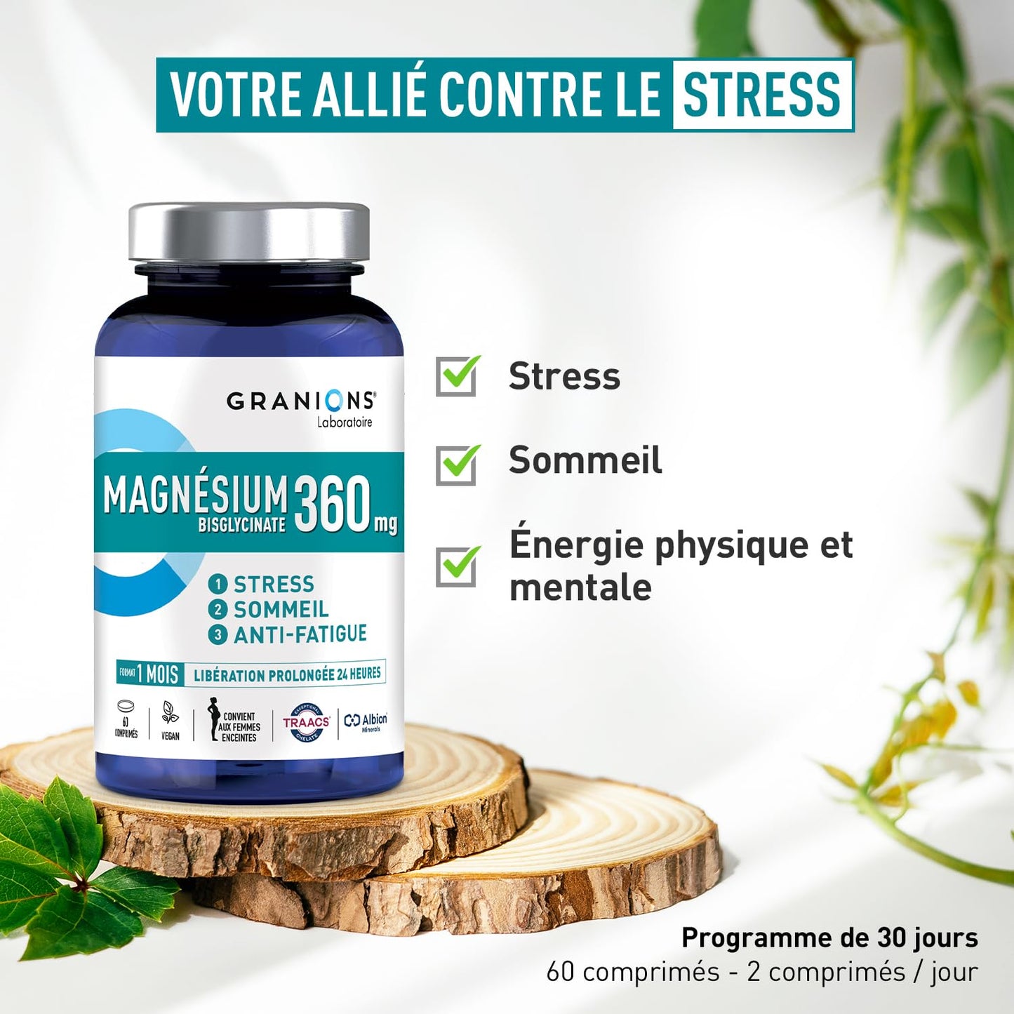 GRANIONS Magnesium Bisglycinate 360 MG - Magnesium Bisglycinate Haute Assimilation + Vitamine B6 - Anti Stress Adulte, Anti Fatigue Puissant - Sans Sucre & Vegan - 10 Shots - Goût Framboise