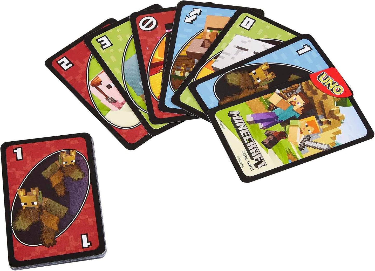 Mattel Games UNO Minecraft Jeu de Cartes, Cadeaux pour Enfants et soirée en Famille, sur Le thème du Jeu vidéo Minecraft, Jeux de Voyage, boîte de Rangement, HJC88