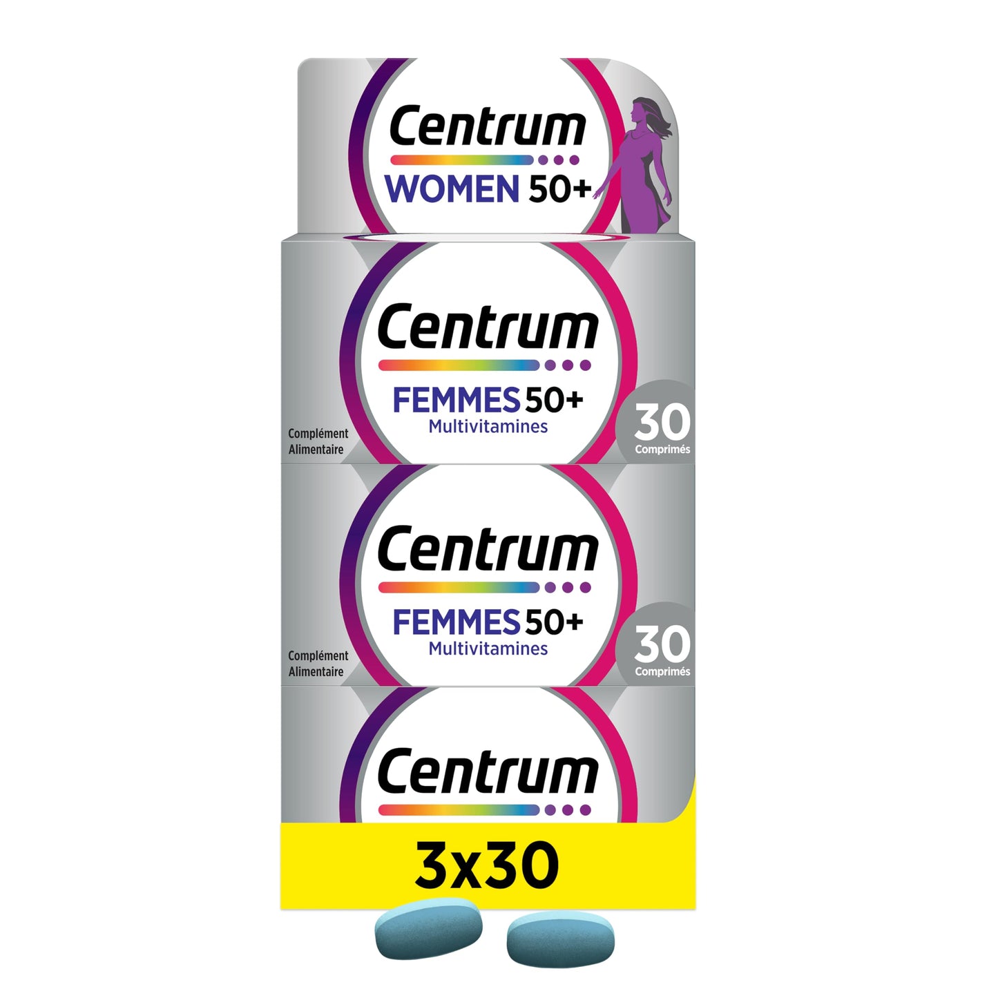 CENTRUM Women 50+ - Multivitamines et Minéraux pour Femme de +50 ans - 23 nutriments Vit D, C, B6, B12, Fer & Zinc - Complément Alimentaire Fatigue, Immunité & Soutien Cognitif - 30 Comprimés - 1 Mois