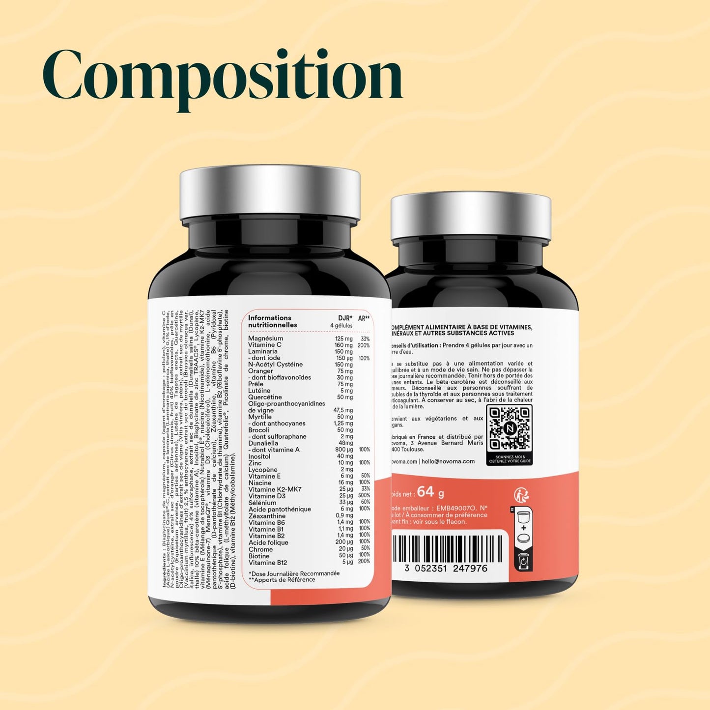 Multivitamines et Minéraux, 15 Nutriments Essentiels, Vitamines A B C D E + Magnésium & Zinc, Immunité & Énergie, 60 gélules Vegan, Cure de 1 mois, Fabriqué en France, Essentials by Novoma