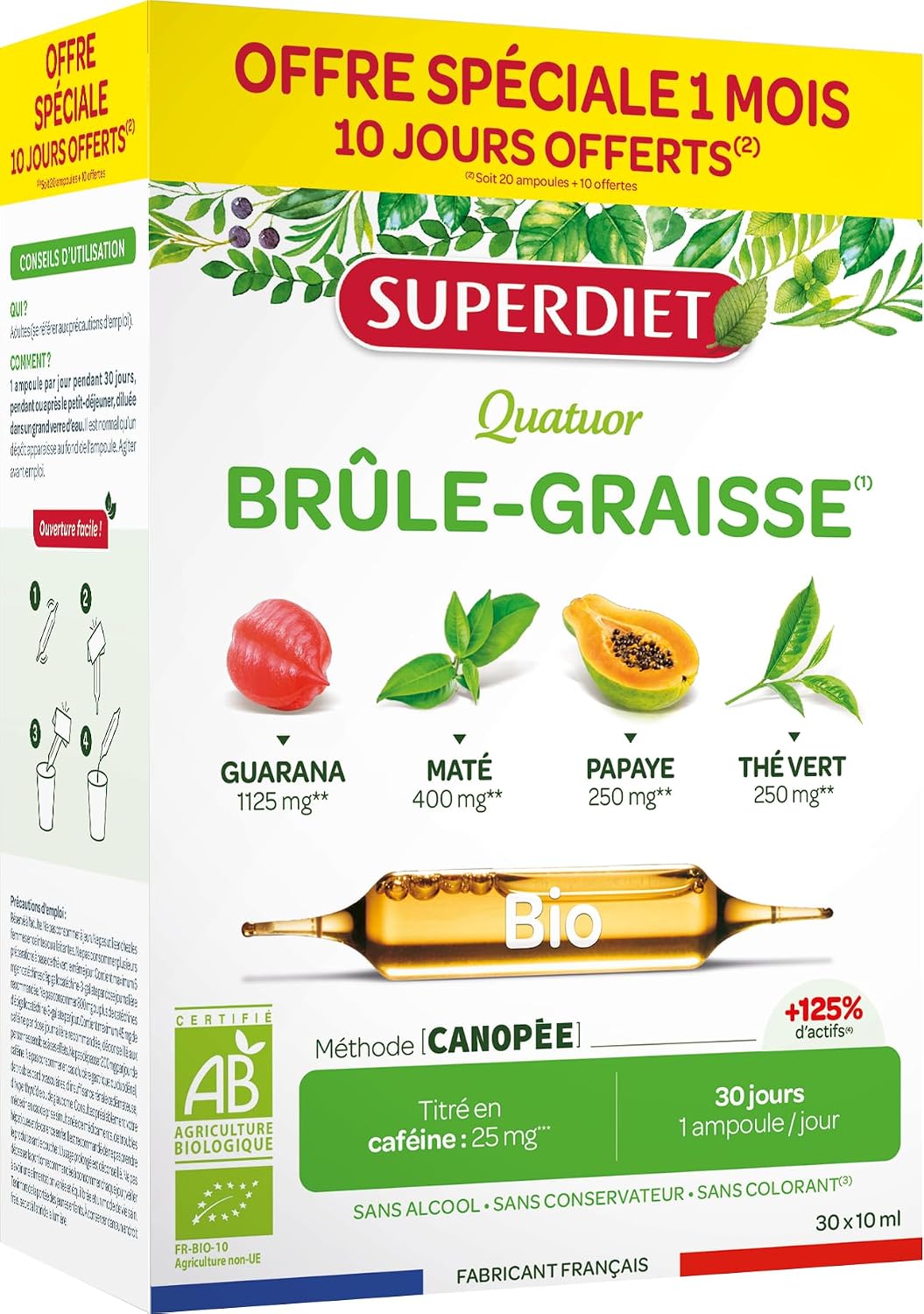 SUPERDIET-QUATUOR BRÛLE-GRAISSE BIO-Minceur-Thé vert, Papaye, Son d'avoine, Guarana-Fabrication française-FORMAT PROMO-30 ampoules de 10ml