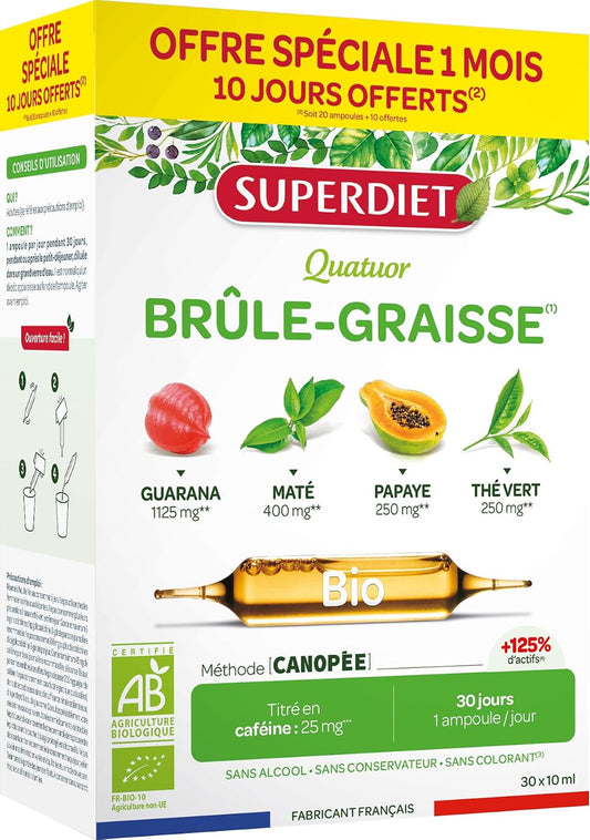 SUPERDIET-QUATUOR BRÛLE-GRAISSE BIO-Minceur-Thé vert, Papaye, Son d'avoine, Guarana-Fabrication française-FORMAT PROMO-30 ampoules de 10ml
