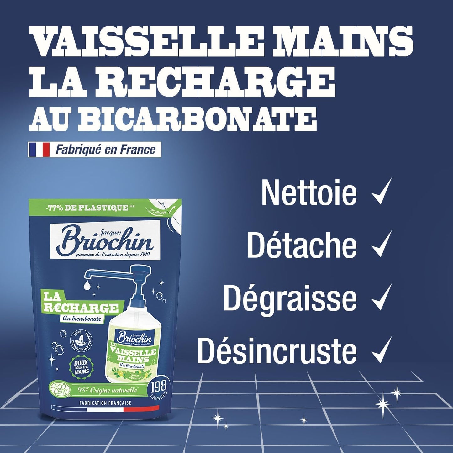 JACQUES BRIOCHIN - Recharge Liquide Vaisselle et Mains - Formule au Bicarbonate de Soude - 99,9% d'Ingrédients d'Origine Naturelle - -Testé dermatologiquement - Fabrication Française - 450ml