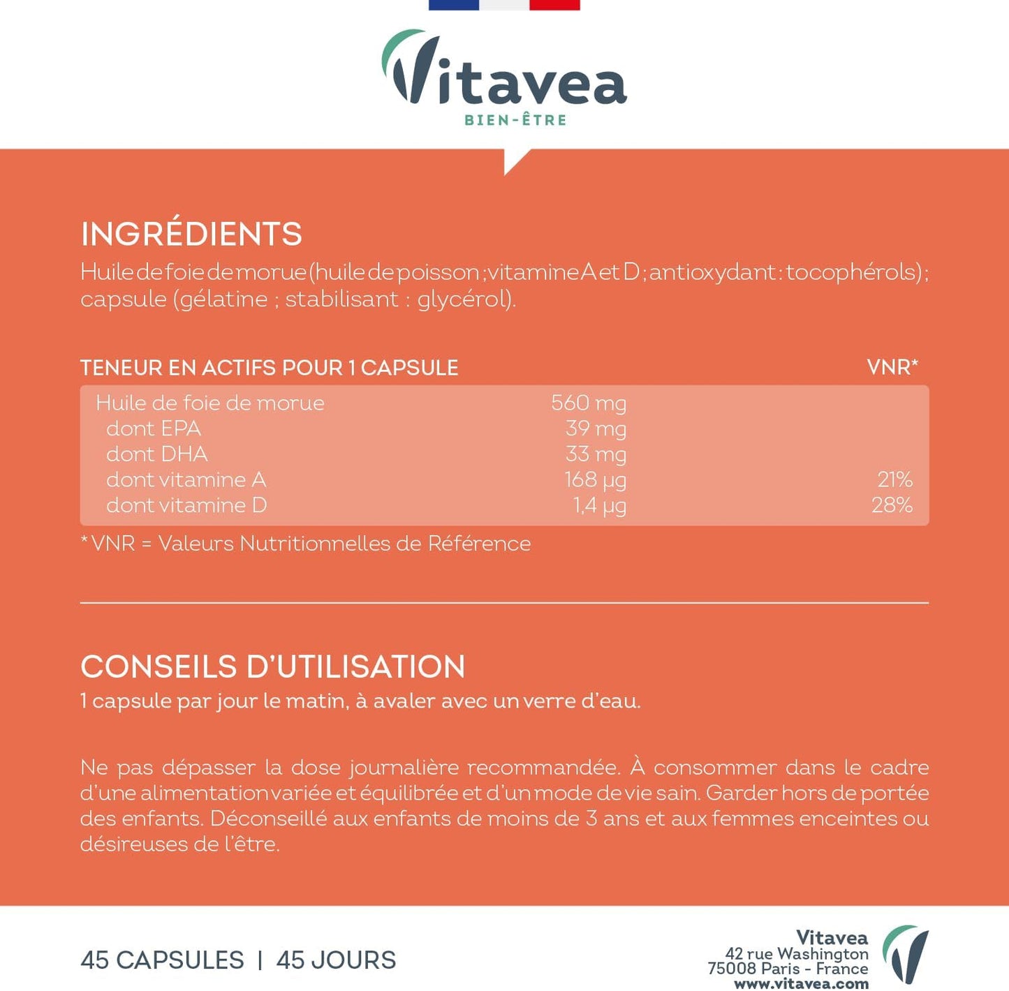 Vitavea Bien-être - Aceite de hígado de Bacalao - Inmunidad, Omega 3-45 días