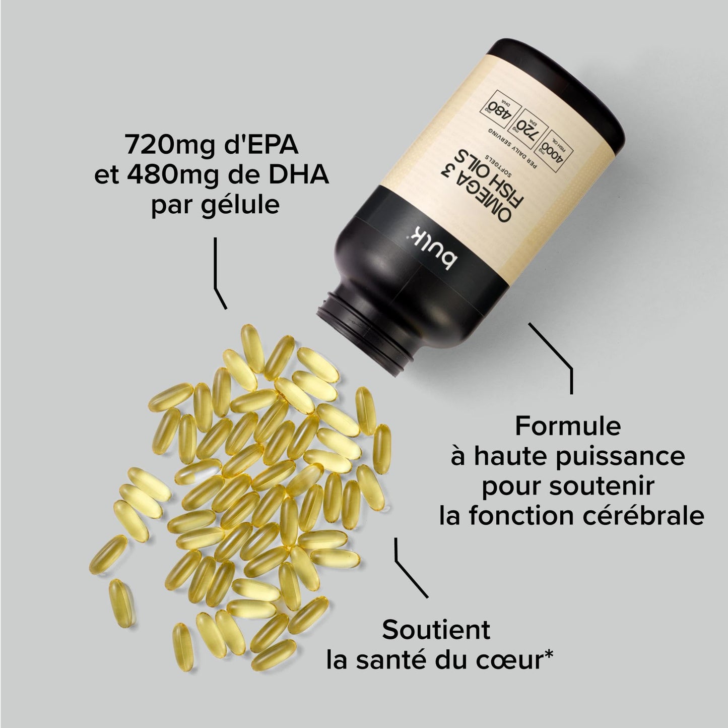 Bulk Gélules d'huile de poisson oméga 3, 1000 mg, paquet de 90