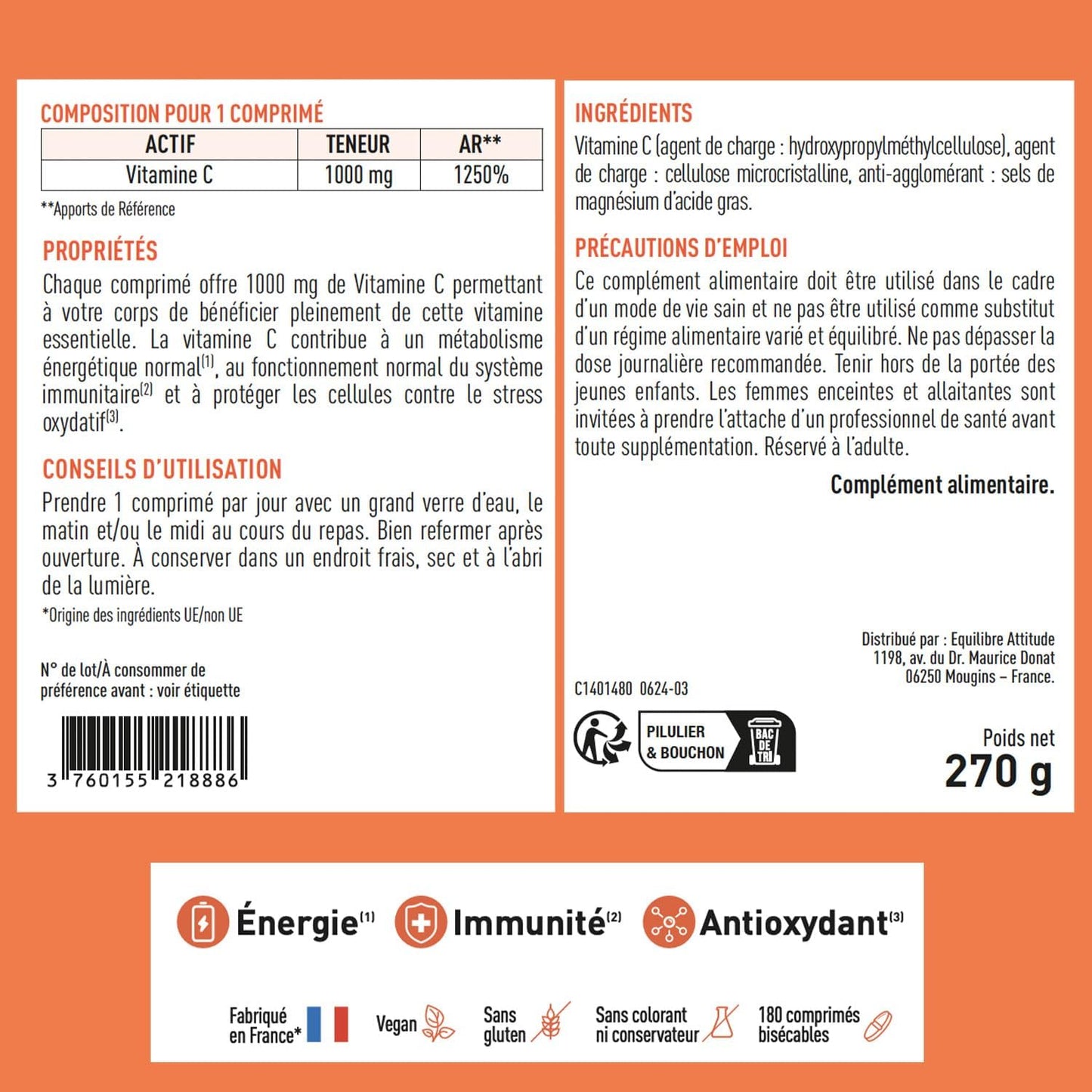 Vitamine C 1000 mg GRANIONS - Energie Immunité - 180 Comprimés Vegan Adulte