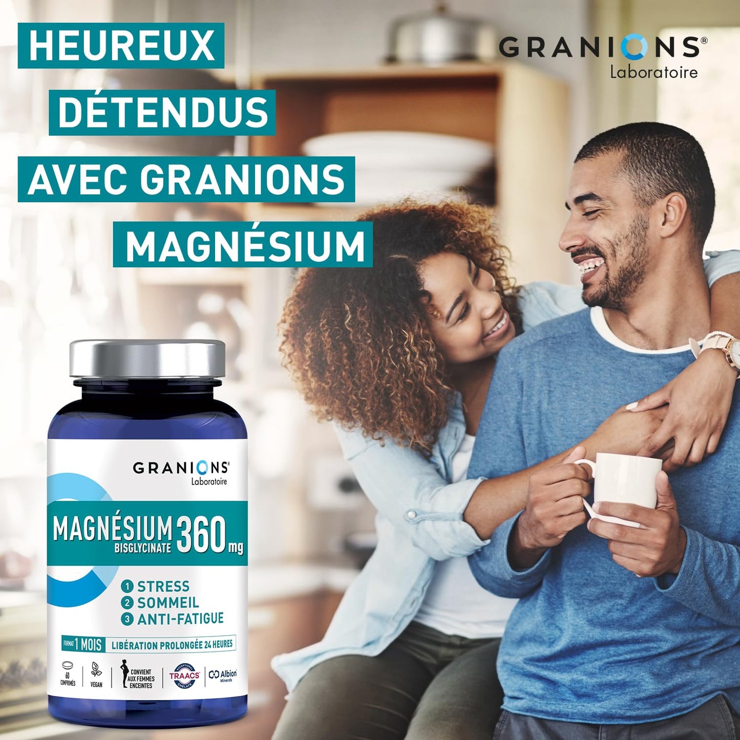 GRANIONS Magnesium Bisglycinate 360 MG - Magnesium Bisglycinate Haute Assimilation + Vitamine B6 - Anti Stress Adulte, Anti Fatigue Puissant - Sans Sucre & Vegan - 10 Shots - Goût Framboise