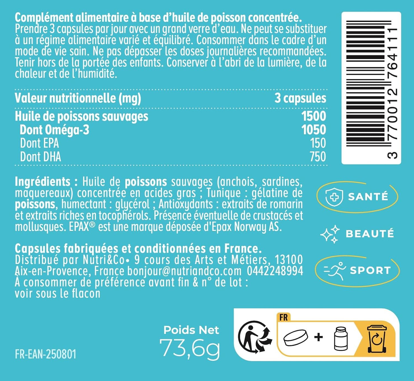 NUTRI&CO Omega 3 Huile de Poisson EPAX® EPA DHA | Cerveau Vision | 120 Caps