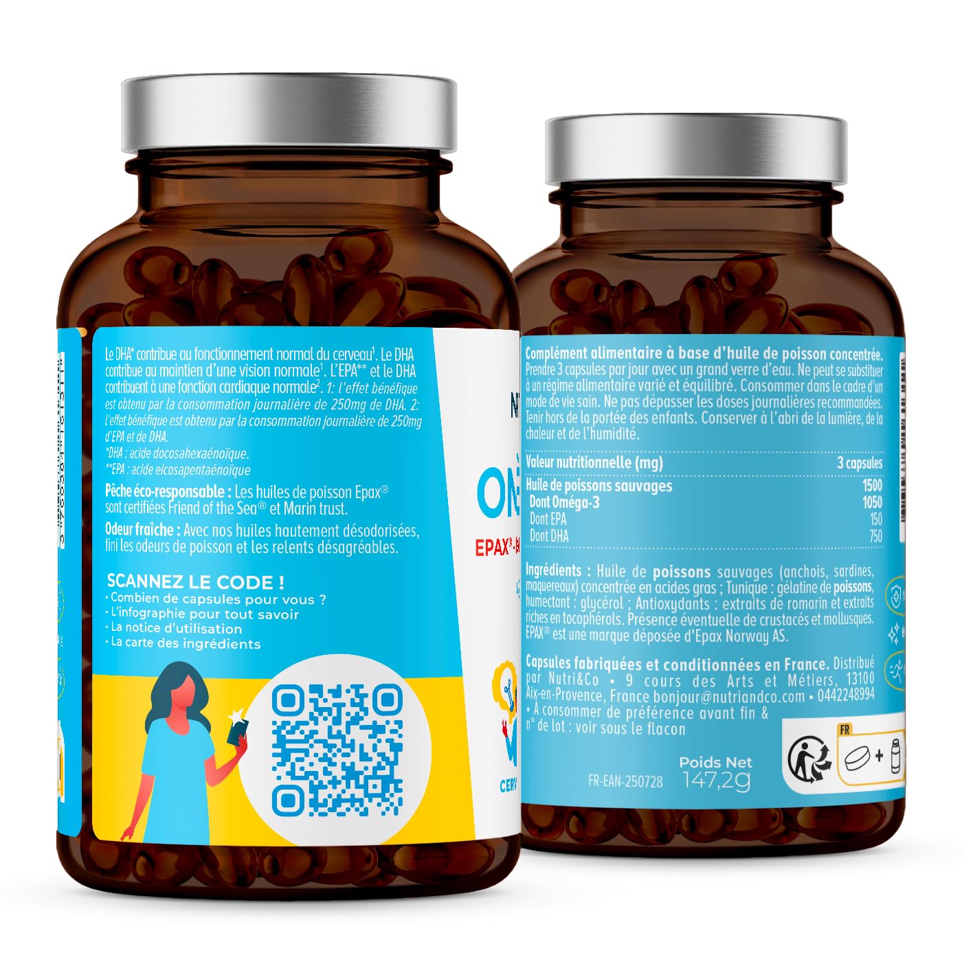NUTRI&CO Omega 3 Huile de Poisson EPAX® EPA DHA | Cerveau Vision | 120 Caps