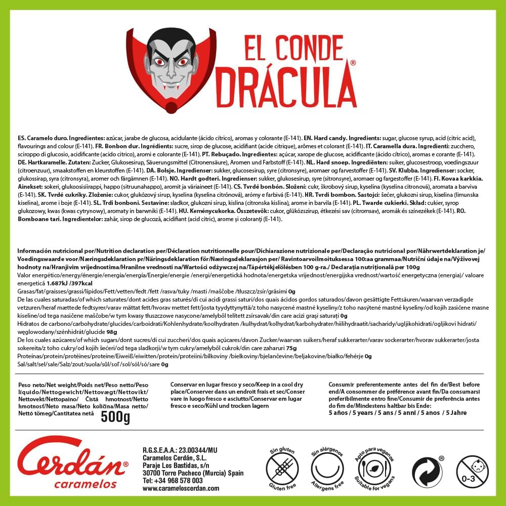 Caramelos Cerdán - Bonbons Dur Dracula Goût de Melon | Sans Gluten et Sans Allergènes | Fêtes & Halloween | Sac 225 Bonbons - 750 g
