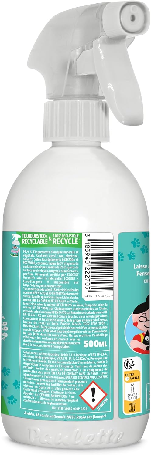 Paulette - Désinfectant Assainissant Animaux - Nettoie et Parfume - 500mL