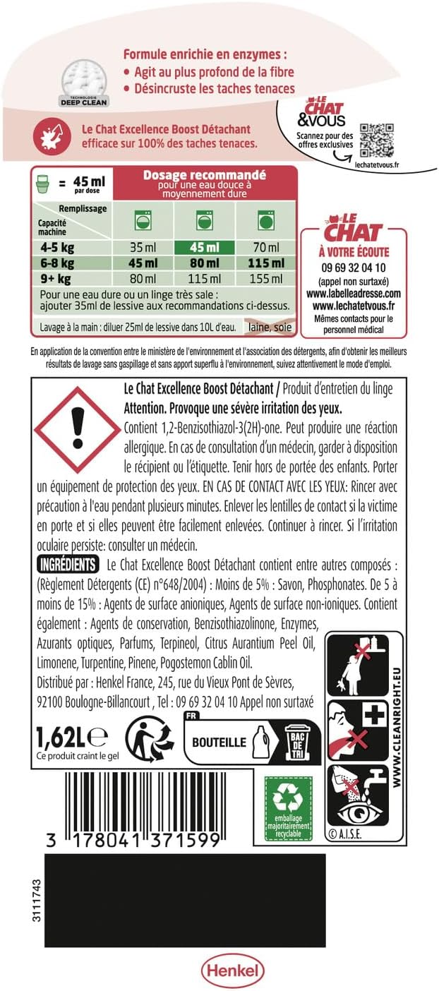 LE CHAT Lessive Liquide Excellence Boost Détachant - 36 lavages -  Lot de 2