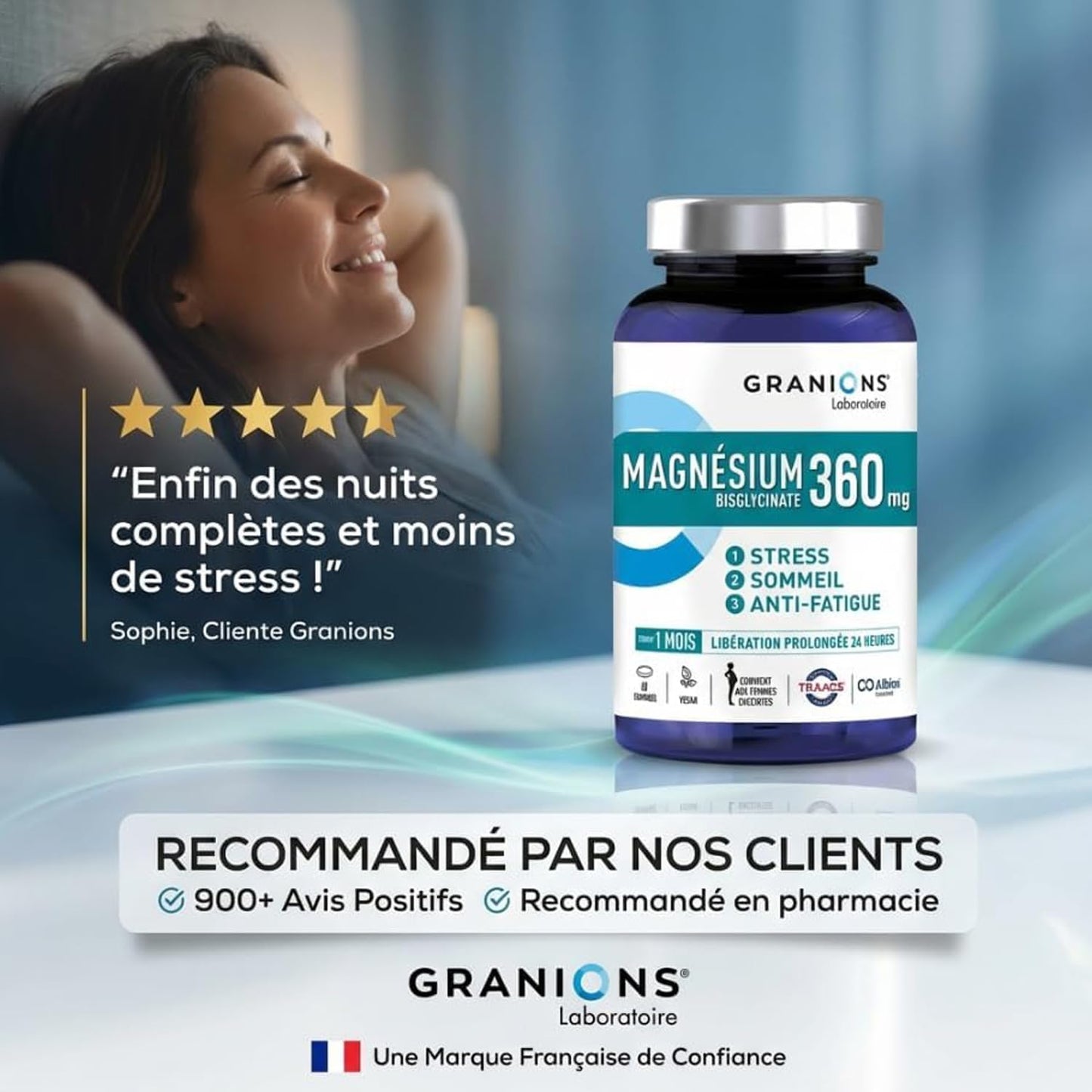 GRANIONS Magnesium Bisglycinate 360 MG - Magnesium Bisglycinate Haute Assimilation + Vitamine B6 - Anti Stress Adulte, Anti Fatigue Puissant - Sans Sucre & Vegan - 10 Shots - Goût Framboise