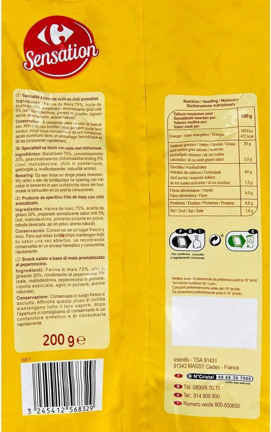 CARREFOUR SENSATION Chips tortilla Chili formato práctico de 200g - Lote de 4