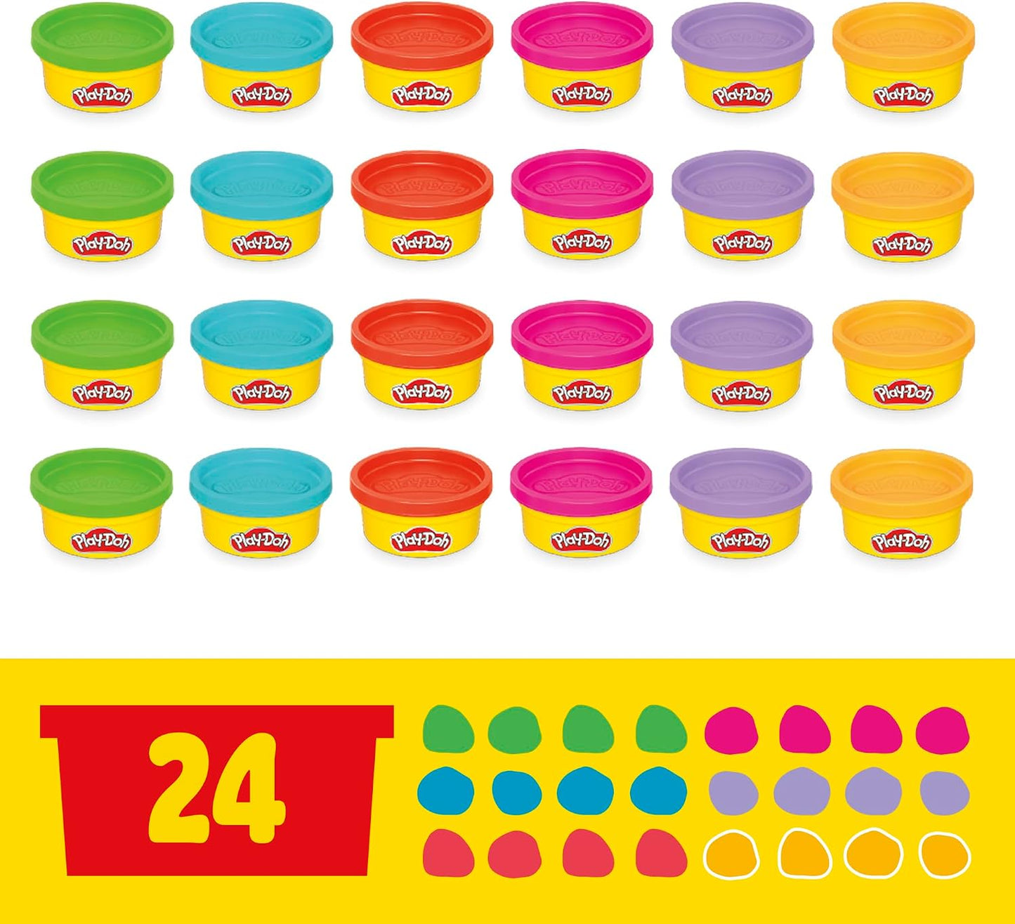 Play-Doh, La fête des Couleurs, Loisirs créatifs avec pâte à Modeler pour Filles et Garçons dès 3 Ans, 24 Pots de 56 g, 6 Couleurs, Idèe Cadeaux pour Anniversaires