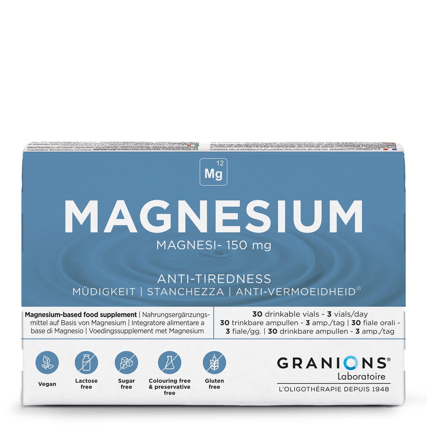 GRANIONS Magnesium Bisglycinate 360 MG - Magnesium Bisglycinate Haute Assimilation + Vitamine B6 - Anti Stress Adulte, Anti Fatigue Puissant - Sans Sucre & Vegan - 10 Shots - Goût Framboise