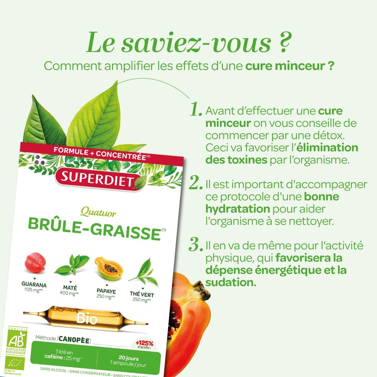 SUPERDIET-QUATUOR BRÛLE-GRAISSE BIO-Minceur-Thé vert, Papaye, Son d'avoine, Guarana-Fabrication française-FORMAT PROMO-30 ampoules de 10ml