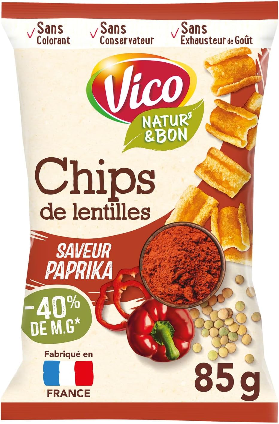 NATUR & BON VICO Chips de lentilles saveur paprika, sachet de 85g - Lot de 6