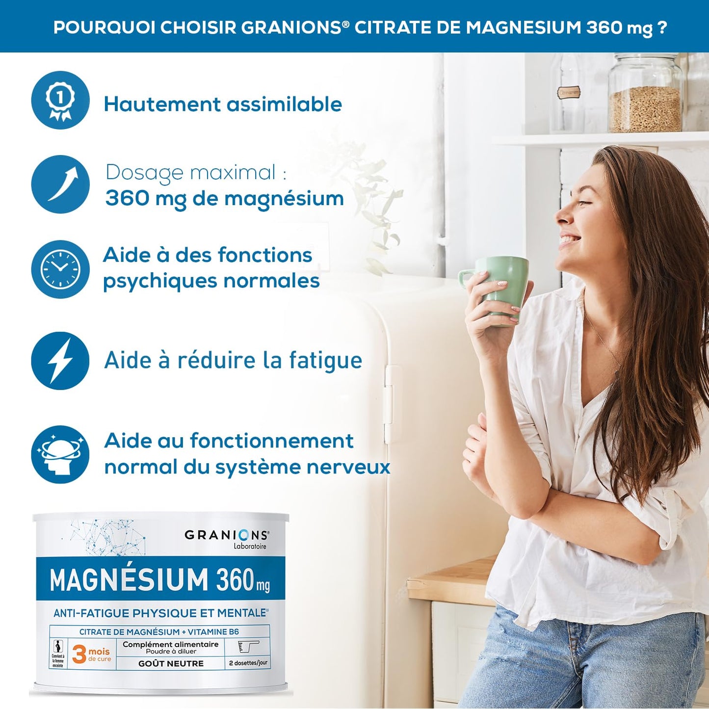 GRANIONS Magnesium Bisglycinate 360 MG - Magnesium Bisglycinate Haute Assimilation + Vitamine B6 - Anti Stress Adulte, Anti Fatigue Puissant - Sans Sucre & Vegan - 10 Shots - Goût Framboise