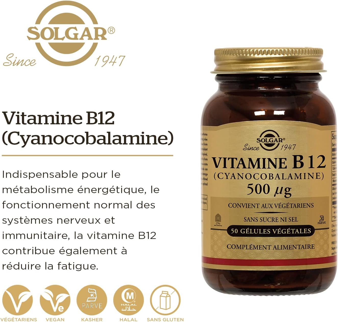 Solgar Vitamine B12 (Cyanocobalamine) 500 µg - Vitalité et énergie - Contribue à réduire la fatigue - Vegan - Vitamines - Complément Alimentaire - Flacon de 50 gélules végétales