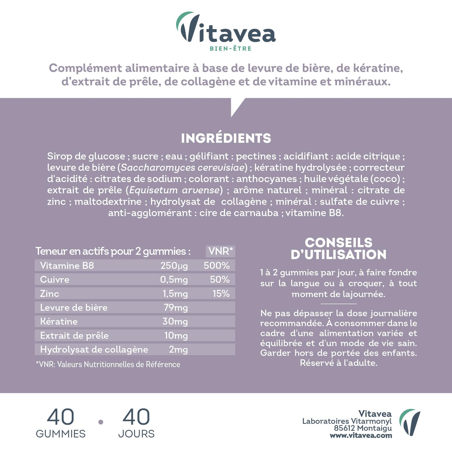 VITAVEA BIEN-ETRE - Gummies Belle Peau - Acide hyaluronique, Vitamine C, Vitamine E, Zinc et Immortelle d'Italie - Triple action : Antioxydant, éclat, souplesse de la peau - 30 Gummies - Goût pêche
