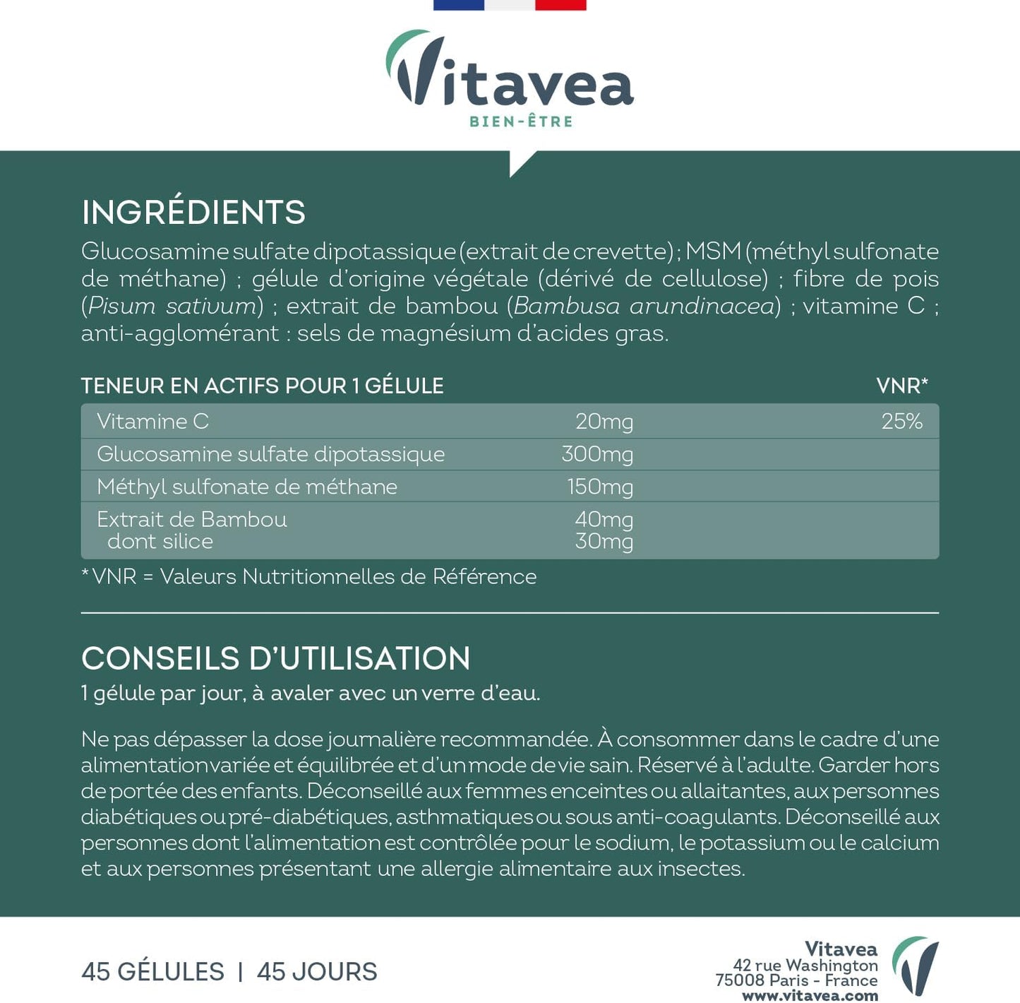 Vitavea Bien-être - Articulations - Glucosamine MSM Vitamine C - 45 jours