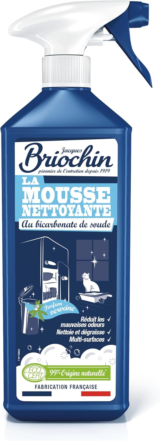 JACQUES BRIOCHIN DROGUISTE DEPUIS 1919 - Nettoyant Anti-Odeurs - Au Bicarbonate de Soude - Texture Mousse - Parfum Verveine- Multi-usages - Séchage Rapide - Ecocert - Fabrication Française - 750 ml