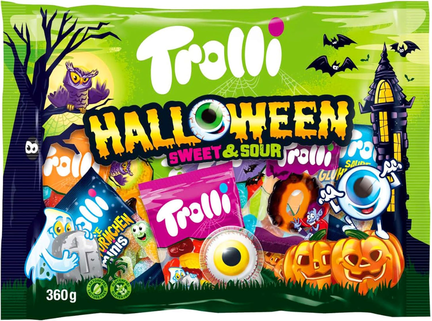 Trolli Halloween Bonbons Doux et Acidulés en sachet de 360g, mélange de bonbons avec des yeux globuleux, des vers acidulés et des Dracula